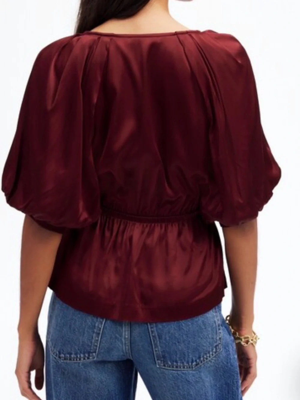 Madewell Shirred Puff Sleeve Satin Top NWT